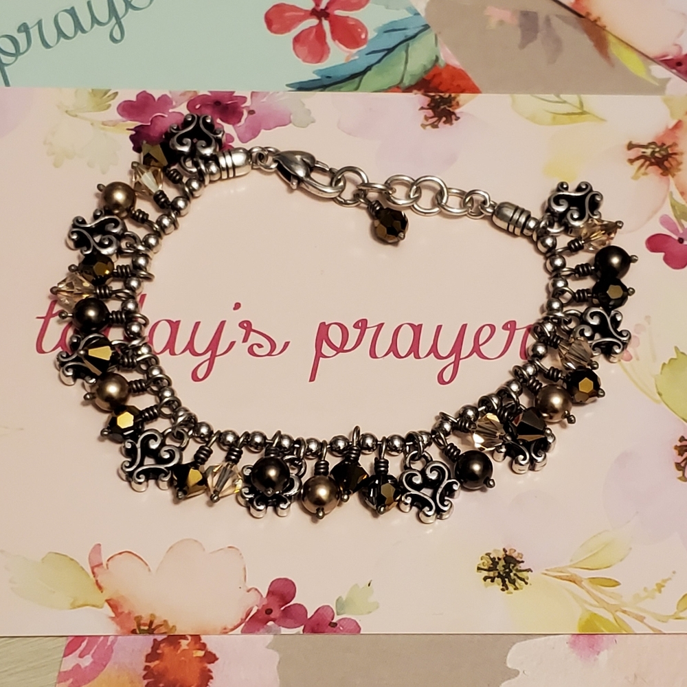 Brighton CANNES NEUTRAL Silver Mega Scroll Gold Bronze Balls Beads Bracelet